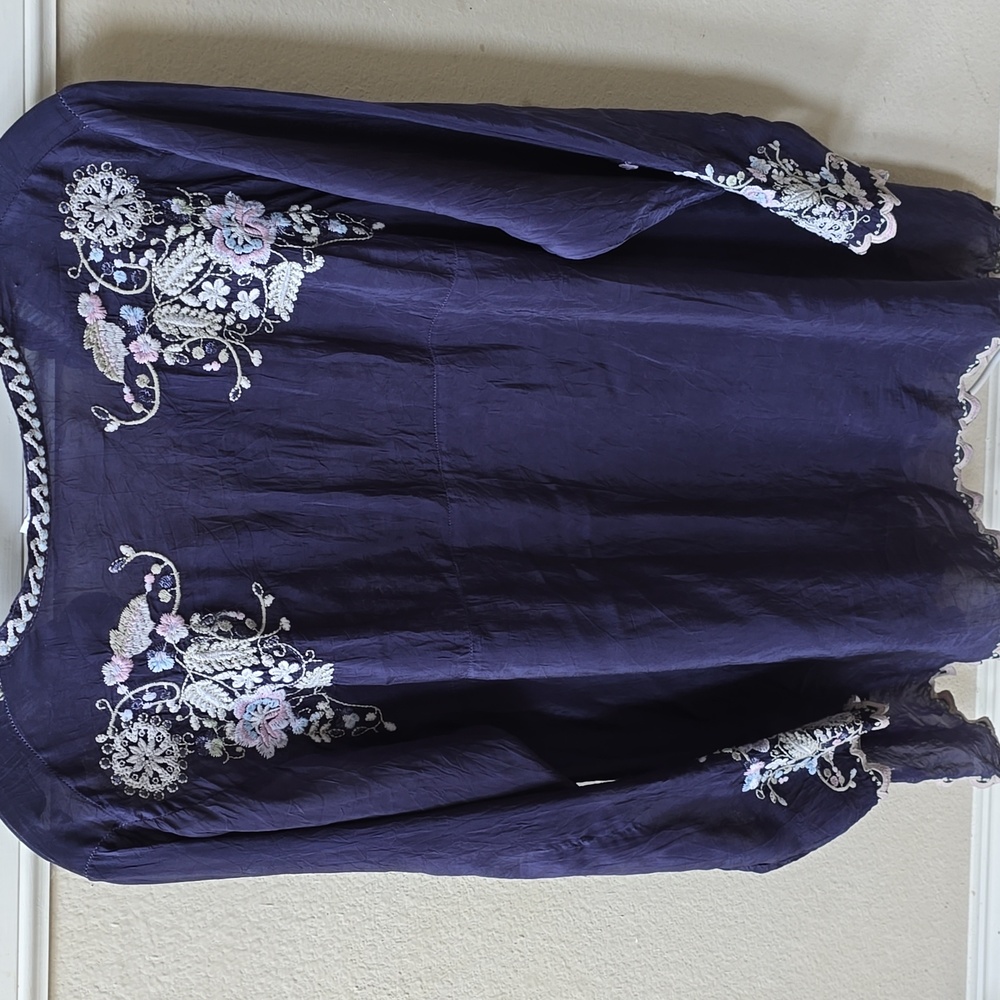 Johnny Was Navy Tunic with Pastel Floral Embroidery - Picture 2 of 11